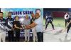 PCJ president Sanjeev Pargal, Finance Secretary Channi Anand and Dinesh Mahajan felicitating DC Jammu Avny Lavasa (left) and DC Jammu playing a shot during the opening match at MA Stadium, Jammu on Sunday (right).