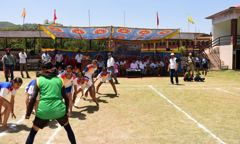 Players in action during a Kabaddi match in Mini Stadium, Rajouri on Saturday.