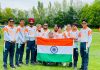 Para-Archers of SMVD Sports Complex posing with Tricolour after winning medals at Para Archery World Ranking Tournament.