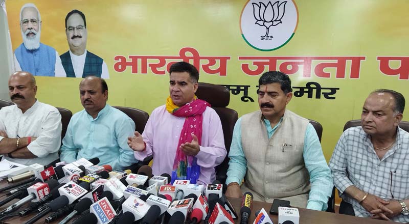 BJP JK UT president flanked by other party leaders addressing a press conference at Jammu on Wednesday. Excelsior/Rakesh