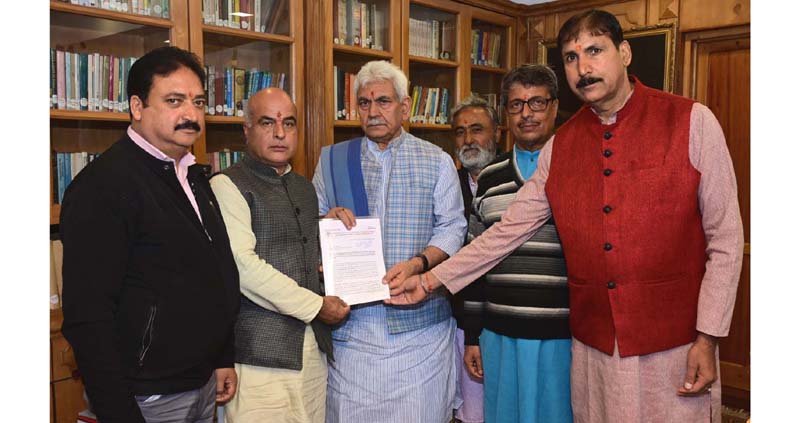 Lt Governor Manoj Sinha meeting delegation of Temples & Shrines Prabandhak Committee, Tral and Navdal Tirath Committee.