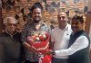 Singer Hansraj Raghuvanshi being welcomed at Rasalika Sweets & Bakery in Jammu.