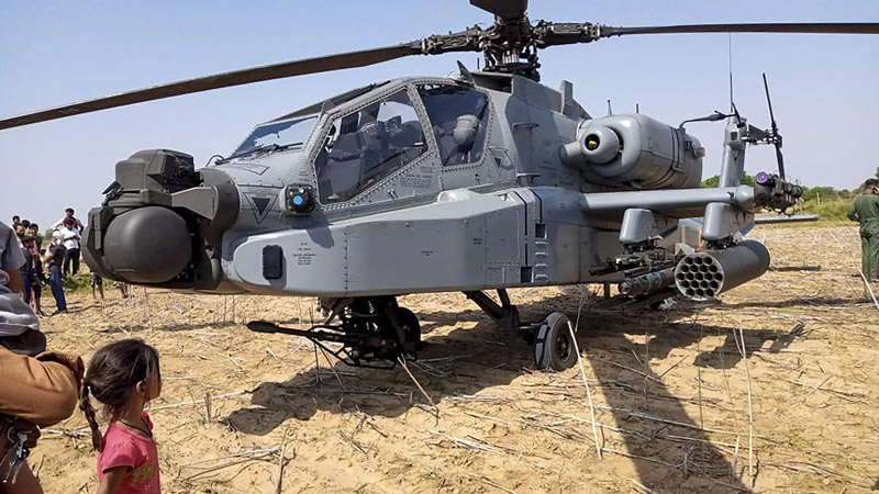 View of Indian Air Force’s (IAF) AH-64 Apache helicopter after it made a precautionary landing near Bhind, on Monday.