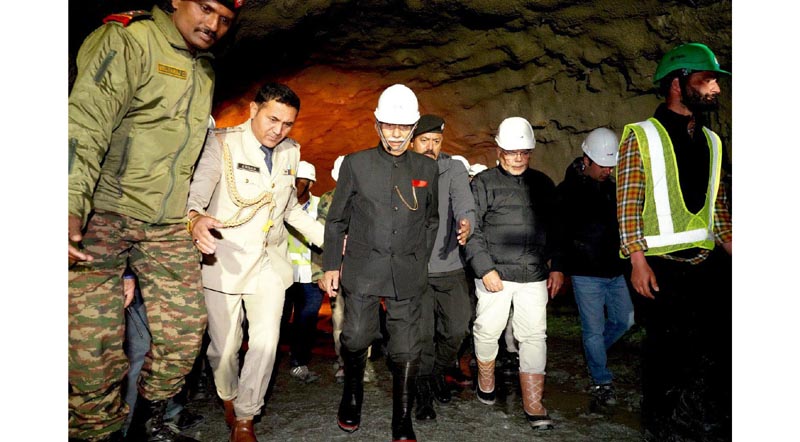 LG Ladakh Brig (Retd) B D Mishra inspecting work on Zojila tunnel in Kargil on Tuesday.