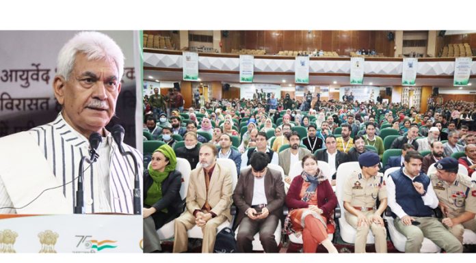 LG Manoj Sinha addressing health professionals and ISM practitioners at University of Kashmir on Friday.