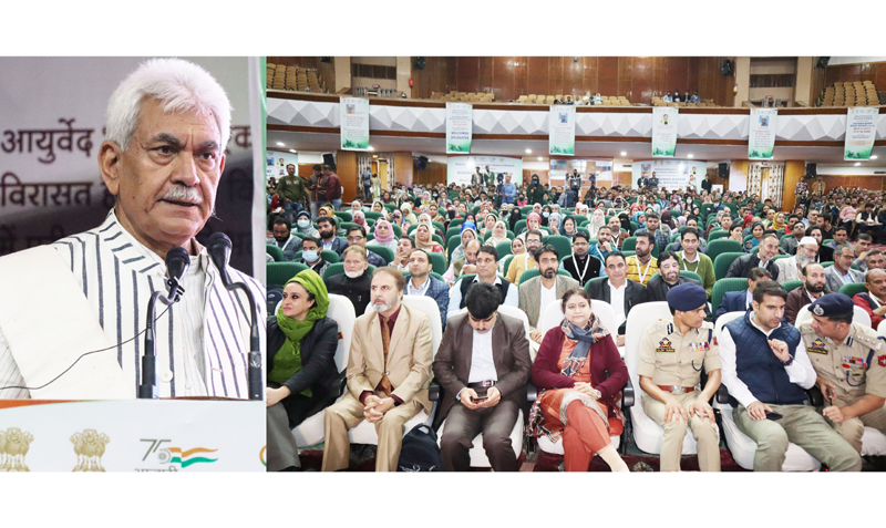 LG Manoj Sinha addressing health professionals and ISM practitioners at University of Kashmir on Friday.
