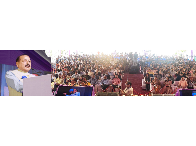 Union Minister Dr Jitendra Singh addressing the gathering after inauguration of Lavender festival in Bhaderwah on Sunday.