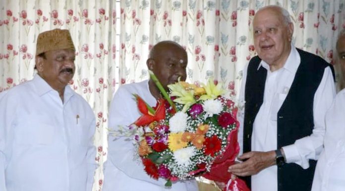 National Conference president Dr Farooq Abdullah meets former PM and JD(S) president HD Deve Gowda in Bengaluru, Karnataka on Wednesday.