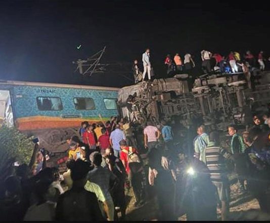 A view of Coromandel Express train which collides with a goods train at Bahanaga railway station of Balasore district in Odisha on Friday. (UNI)