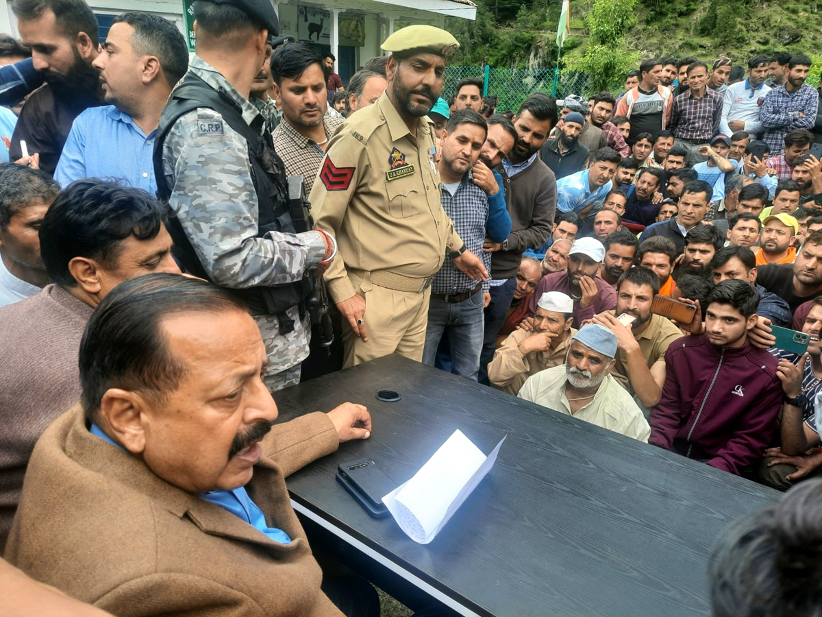 Union Minister Dr Jitendra Singh meeting with people during his visit to Kishtwar on Saturday.