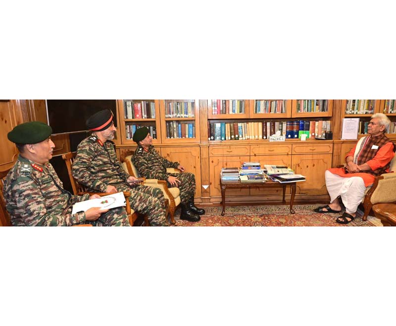 LG Manoj Sinha during a meeting with Army Commanders in Srinagar on Sunday.