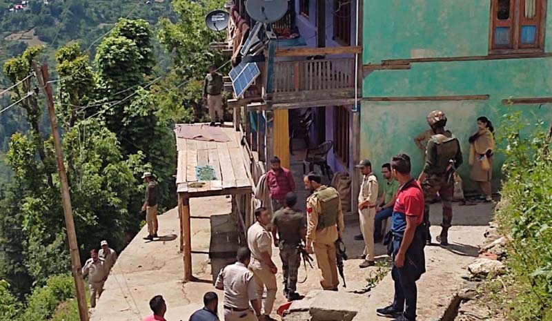 House of a militant being searched in Dachhan area of Kishtwar on Saturday. -Excelsior/Tilak Raj