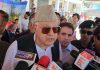NC president Dr Farooq Abdullah speaking to reporters in Srinagar on Sunday. -Excelsior/Shakeel