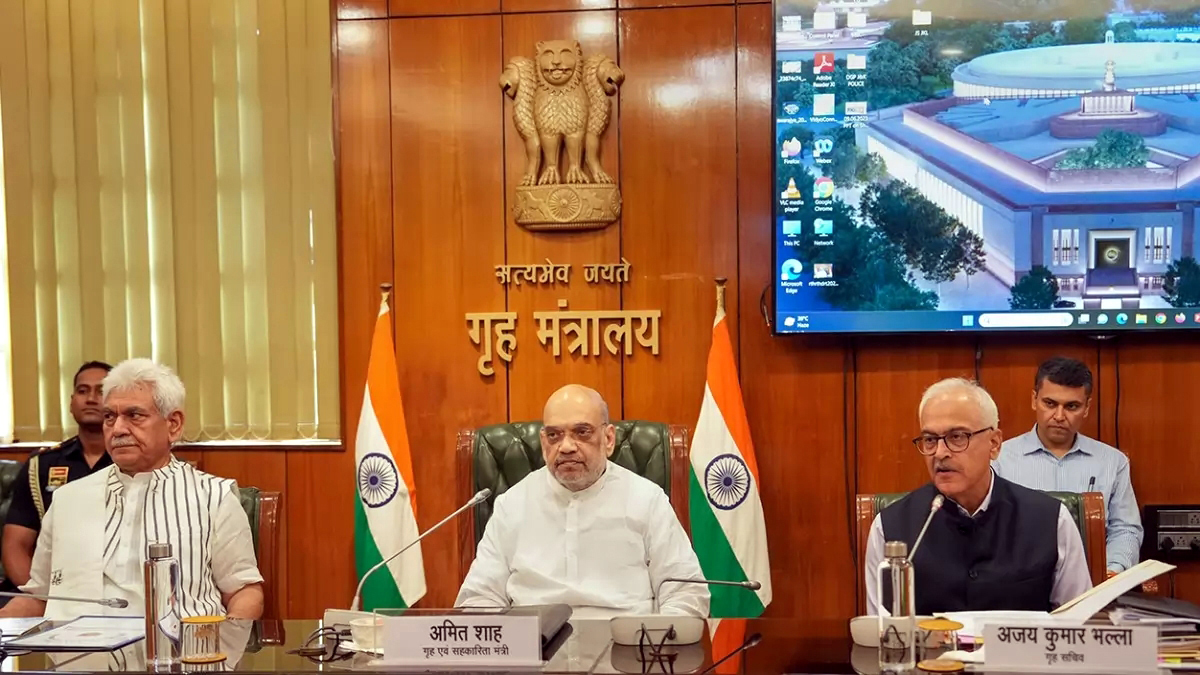 Union Home Minister Amit Shah flanked by Lt. Governor Manoj Sinha and Home Secretary Ajay Kumar Bhalla chairs a high-level meeting over the preparedness for Shri Amarnath yatra in New Delhi on Friday.