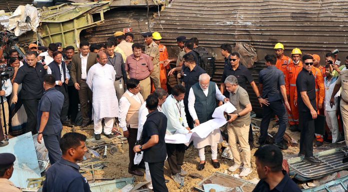 Prime Minister Narendra Modi visiting the site of the accident involving Coromandel Express, Bengaluru-Howrah Express and a goods train in Balasore on Saturday. Union Railways Minister Ashwini Vaishnaw is also seen. (UNI)