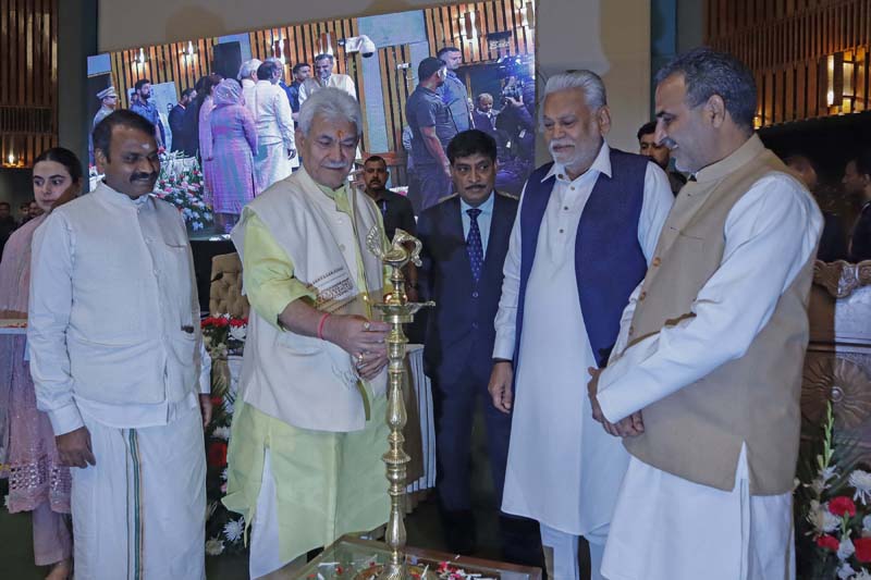 LG Manoj Sinha along with Parshottam Rupala, Union Minister of Fisheries, Livestock and Dairy Farming, and other dignitaries, during a function on World Milk Day and Summer Meet for Animal Husbandry and Dairy Sector at SKICC Srinagar on Thursday. -Excelsior/Shakeel