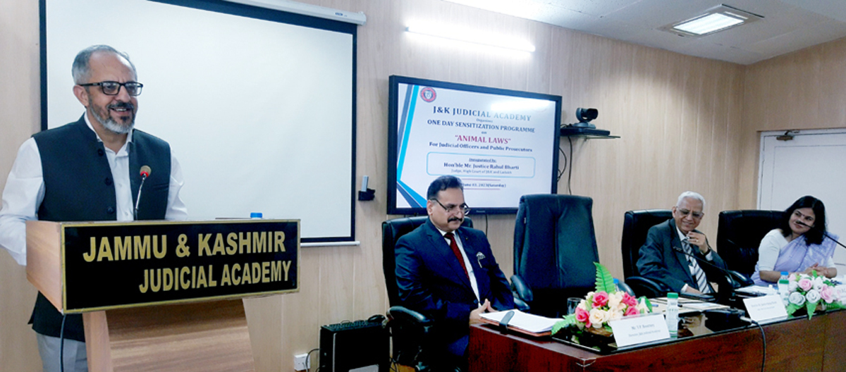 Justice Rahul Bharti speaking during a workshop on animal laws at Judicial Academy Jammu on Saturday.