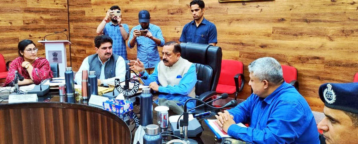 Union Minister Dr Jitendra Singh chairing a meeting at Doda on Saturday.
