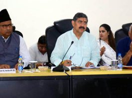 MP Jugal Kishore Sharma chairing a meeting at Jammu on Monday.