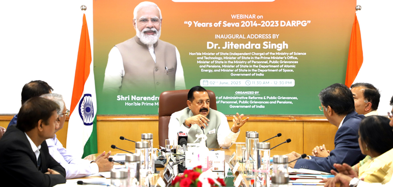 Union Minister Dr Jitendra Singh speaking after launching two booklets and one flyer to mark 9 Years of Administrative Reforms at ARPG headquarters, Sardar Patel Bhavan, New Delhi on Friday.