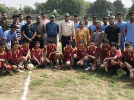 Kendriya Vidyalaya football team posing for a group photograph before a match during 52nd Subroto Cup in Jammu.