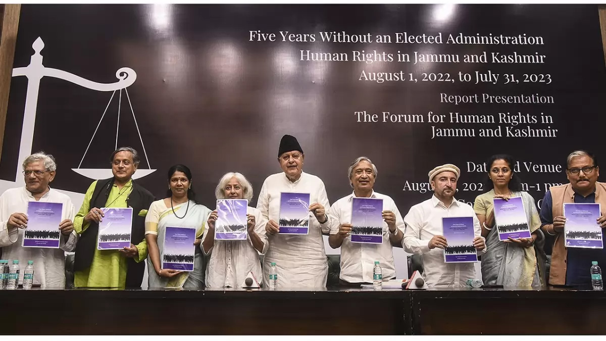 CPI(M) General Secretary Sitaram Yechury, Congress MP Shashi Tharoor, DMK MP Kanimozhi, writer Radha Kumar, J&K National Conference MP Farooq Abdullah, CPI(M) leader Mohammed Yousuf Tarigami, NCP MP Supriya Sule and RJD MP Manoj Jha during the presentation of the report 'Five Years Without an Elected Administration' by The Forum for Human Rights in Jammu and Kashmir, in New Delhi.