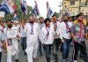 Apni Party activists during protest march in Bari Brahmana on Wednesday.