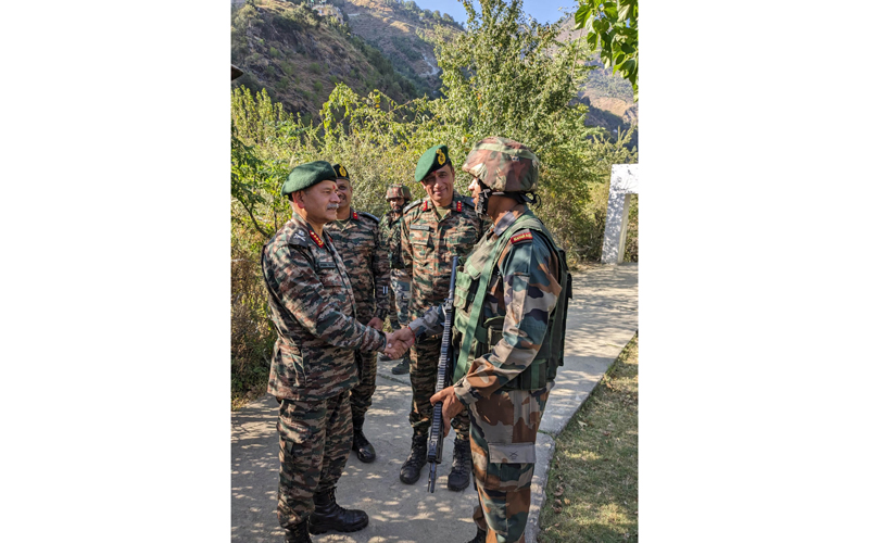 Northern Army Commander Lt Gen Upendra Dwivedi accompanied by GOC Vajr Division during visit to Titwal Chilehana Crossing Point on Kishenganga River in Tangdhar sector in Kupwara district on Friday.