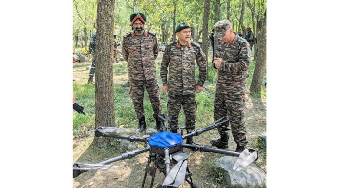 Northern Army Commander Lt Gen Upendra Dwivedi near the site of encounter at Kokernag in Anantnag on Saturday. (UNI)