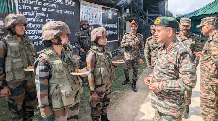 Northern Command chief Lt Gen Upendra Dwivedi interacting with women Army personnel during his visit to Uri on Thursday.