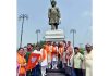BJP leaders with ‘Mitti’ from the ground around Maharaja Hari Singh Statue near Tawi Bridge Jammu.