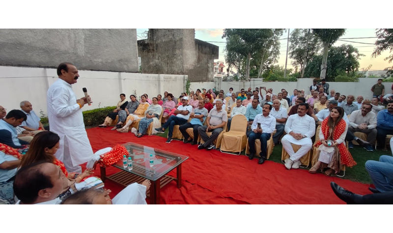 BJP Pradesh Vice President and former minister Surjeet Singh Slathia addressing a public meeting in Jammu on Monday.