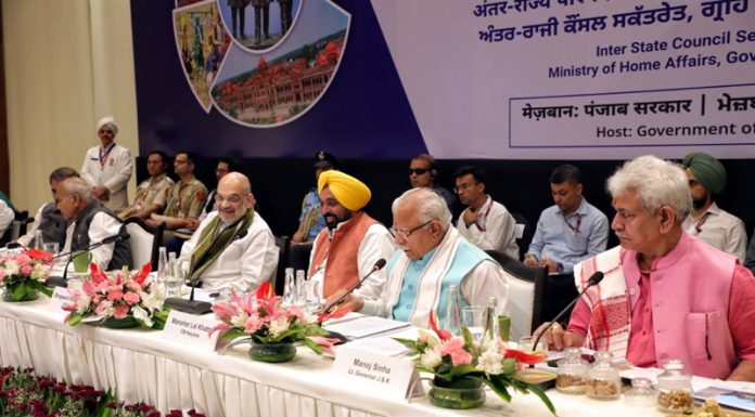 Union Home Minister Amit Shah with Governors and Chief Ministers of Northern States during the 31st Northern Zonal Council (NZC) meeting in Amritsar on Tuesday. J&K LG Manoj Sinha is also seen. (UNI)