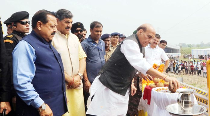 Defence Minister Rajnath Singh dedicating to the nation Devak Bridge and 89 other projects constructed by Border Roads Organisation in Samba on Tuesday.