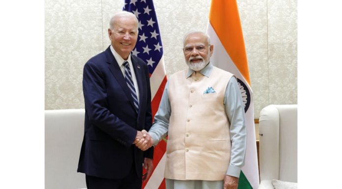 Prime Minister Narendra Modi with US President Joe Biden in New Delhi on Friday. (UNI)