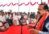 Union Minister Dr Jitendra Singh addressing the gathering after launching 'Meri Maati Mera Desh' campaign at Tikri in Udhampur on Sunday.