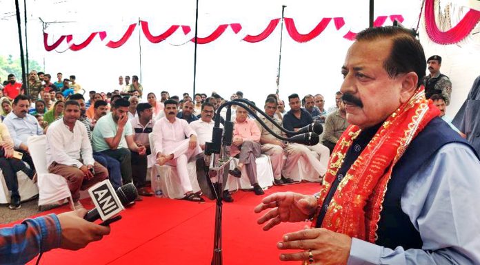 Union Minister Dr Jitendra Singh addressing the gathering after launching 'Meri Maati Mera Desh' campaign at Tikri in Udhampur on Sunday.