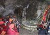 Sadhus led by Mahant Deependra Giri Ji performing Puja at holy cave after Chhari Mubarak reached there on Thursday.