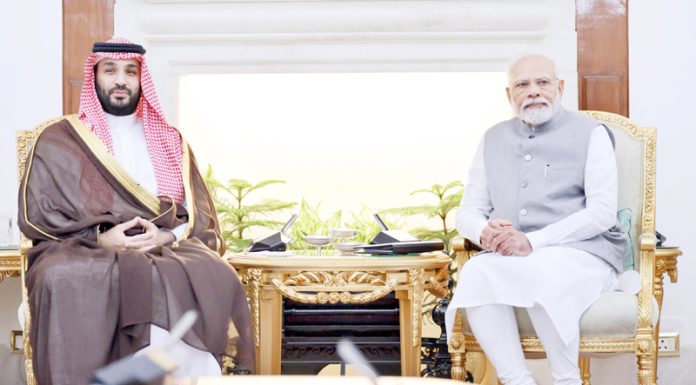 Prime Minister Narendra Modi in a bilateral meeting with the Crown Prince and Prime Minister of Saudi Arabia Mohammed bin Salman bin Abdulaziz Al Saud at Hyderabad House in New Delhi on Monday. (UNI)