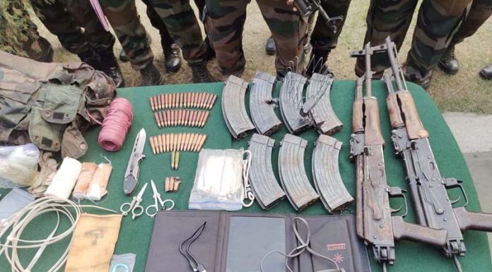 Arms and ammunition recovered from slain militants at Taryath, Kalakote in Rajouri district on Wednesday. -Excelsior/Imran