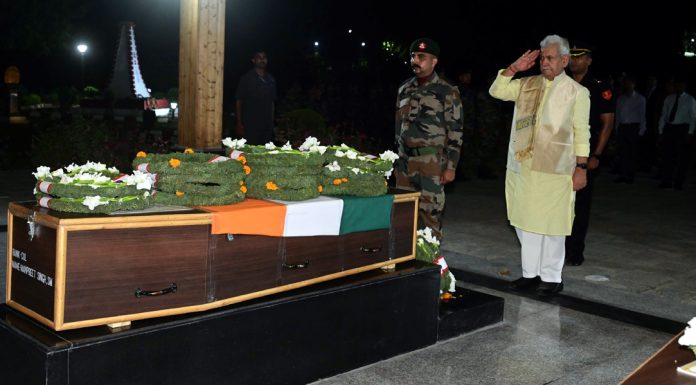 LG Manoj Sinha pays homage to Army martyrs in Srinagar on Thursday.