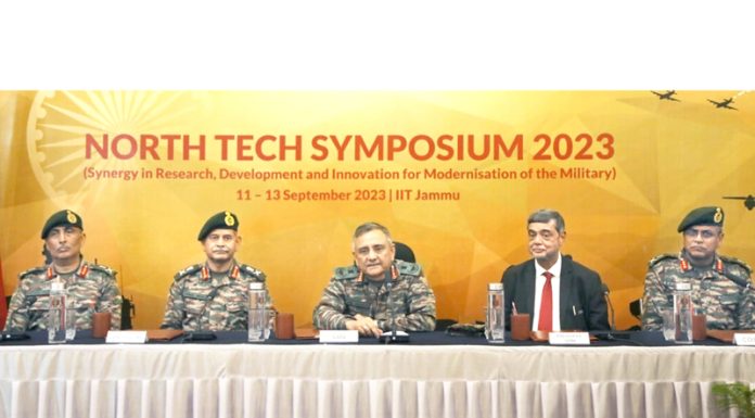 CDS Gen Anil Chauhan, top Army Commanders and others at North Tech Symposium at IIT Jammu on Monday.