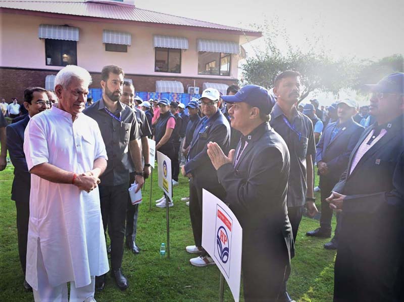 LG Manoj Sinha interacting with participants during 44th PSPB Inter-Unit Golf Tournament at Royal Springs Golf Course in Srinagar.