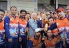 Chief guest presenting trophy to the winning team at MA Stadium in Jammu on Sunday.
