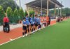 Hockey players during trials at Jammu on Monday.