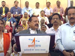 Union Minister Dr Jitendra Singh addressing the scientists after the successful launch of India's maiden Solar Mission 'Aditya-L1' at ISRO, Sriharikota on Saturday.