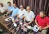 Diploma Engineers Association (PDD) president, Jaipal Sharma, flanked by others addressing press conference in Jammu on Tuesday. -Excelsior/Rakesh