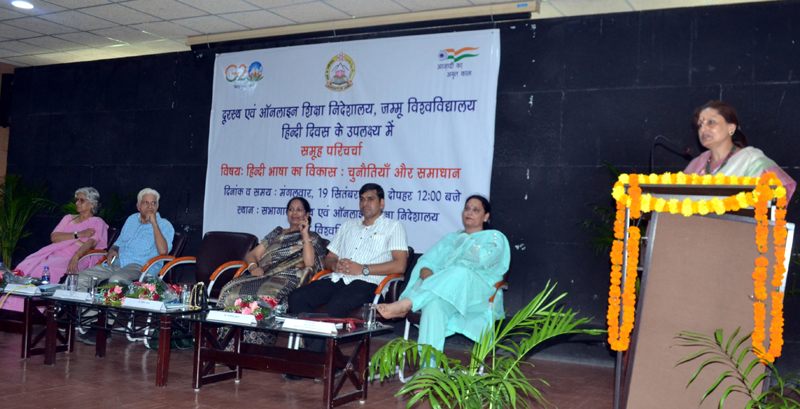 Prof Neelu Rohmetra delivering presidential address during panel discussion by DD &OE in JU on Tuesday.