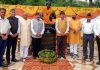 Maj Gen S.K Sharma (Retd), DDC Chairman Col Mahan Singh, ADC Basohli and others posing for photograph after unveiling statue of Shaheed Mast Ram in Basohli.