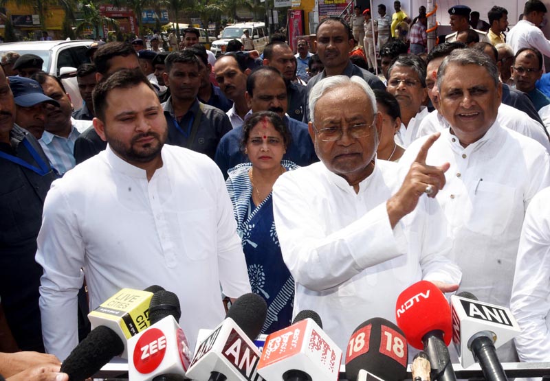 Bihar Chief Minister Nitish Kumar speak to newsmen after offering tribute to former Prime Minister of Mauritius Seewoosagur Ramgoolam on his birth anniversary, in Patna on Monday. (UNI)